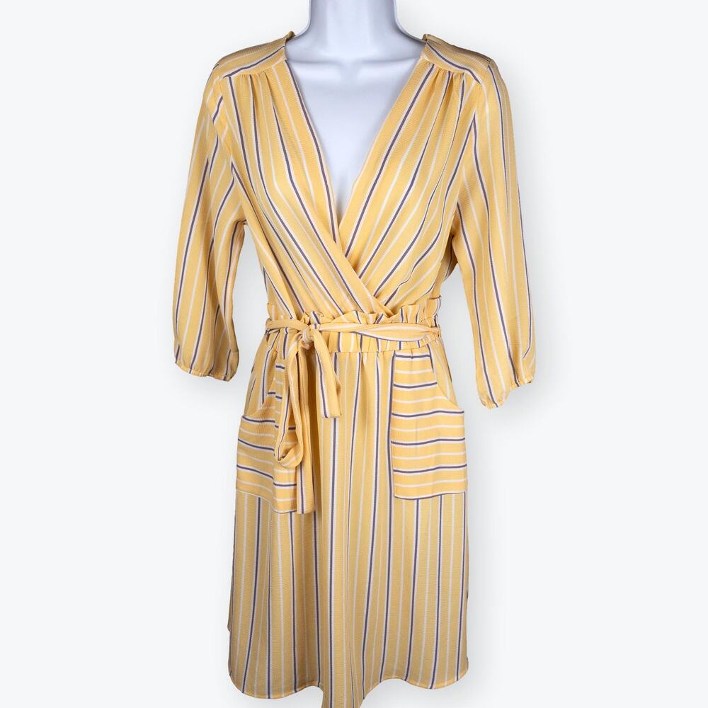 Monteau LA Yellow Midi White Gray A-line Surplice Dress S